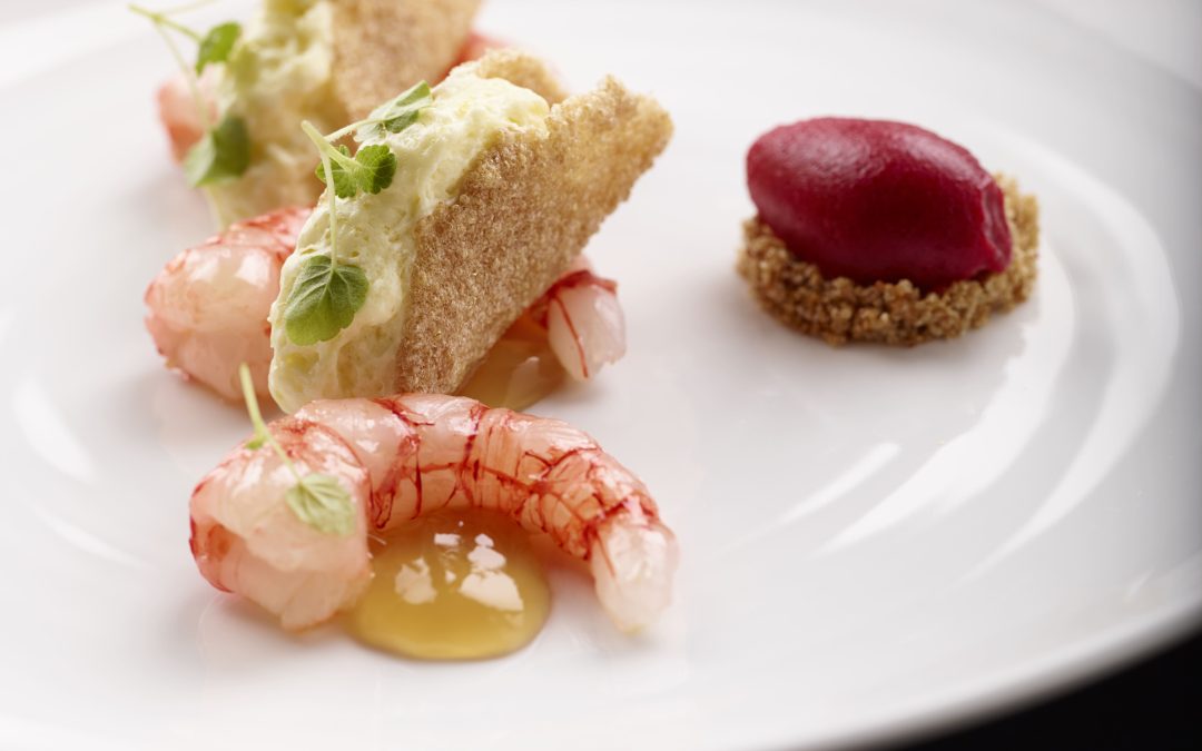 Raw and cooked Sicilian red prawns, crisped amaranth, taggiasca olive and beetroot sorbet